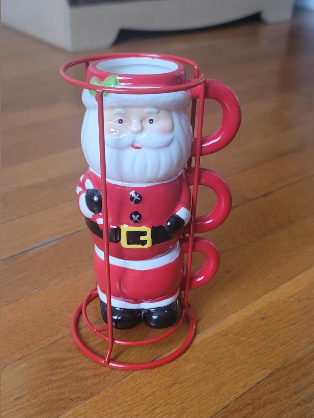Red Santa Ceramic Stackable Expresso Mug Set with Rack